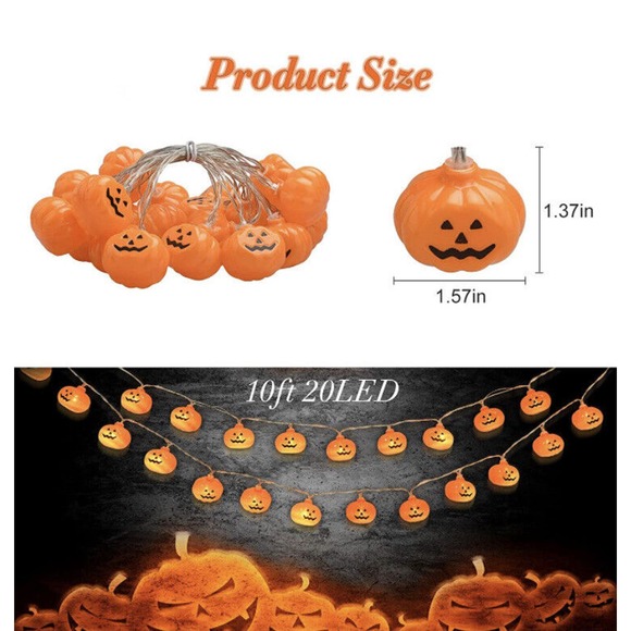 Decor Halloween Decorations Pumpkin String Lights 10ft 20 LED Lights Lot of 2 - Picture 6 of 7